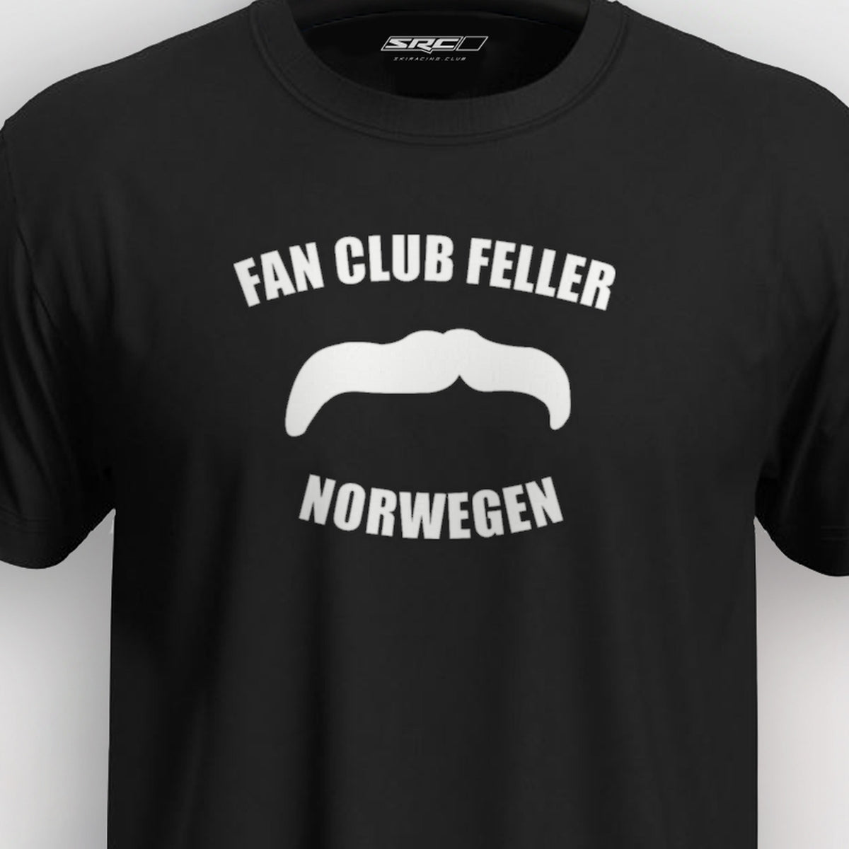 Manuel Feller Fan Club Norway T-Shirt Black with white Fan Club Feller Norwegen moustache logo – close-up of the print