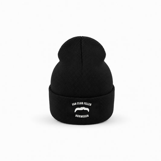 Manuel Feller Fan Club Norway Beanie in black with white Fan Club Feller Norwegen moustache logo – front view