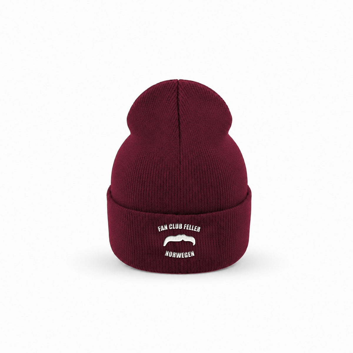 Manuel Feller Fan Club Norway Beanie in burgundy with white Fan Club Feller Norwegen moustache logo – front view