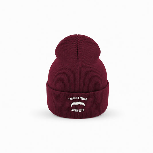 Manuel Feller Fan Club Norway Beanie in burgundy with white Fan Club Feller Norwegen moustache logo – front view
