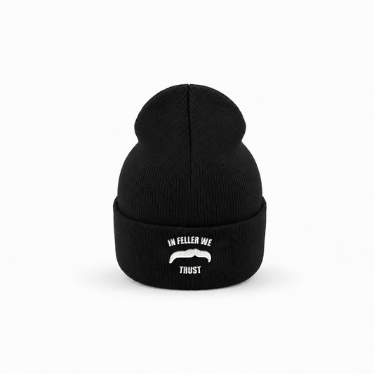 Manuel Feller In Feller We Trust Beanie in black with white "In Feller we trust" moustache motif – front view