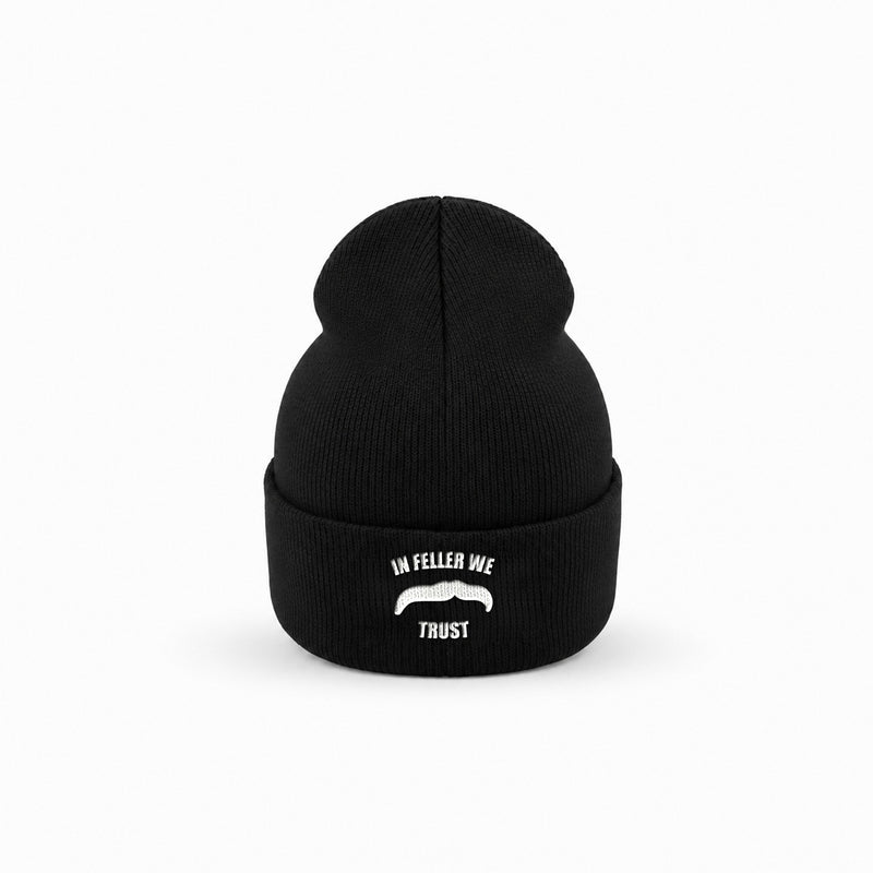 Manuel Feller In Feller We Trust Beanie in black with white "In Feller we trust" moustache motif – front view