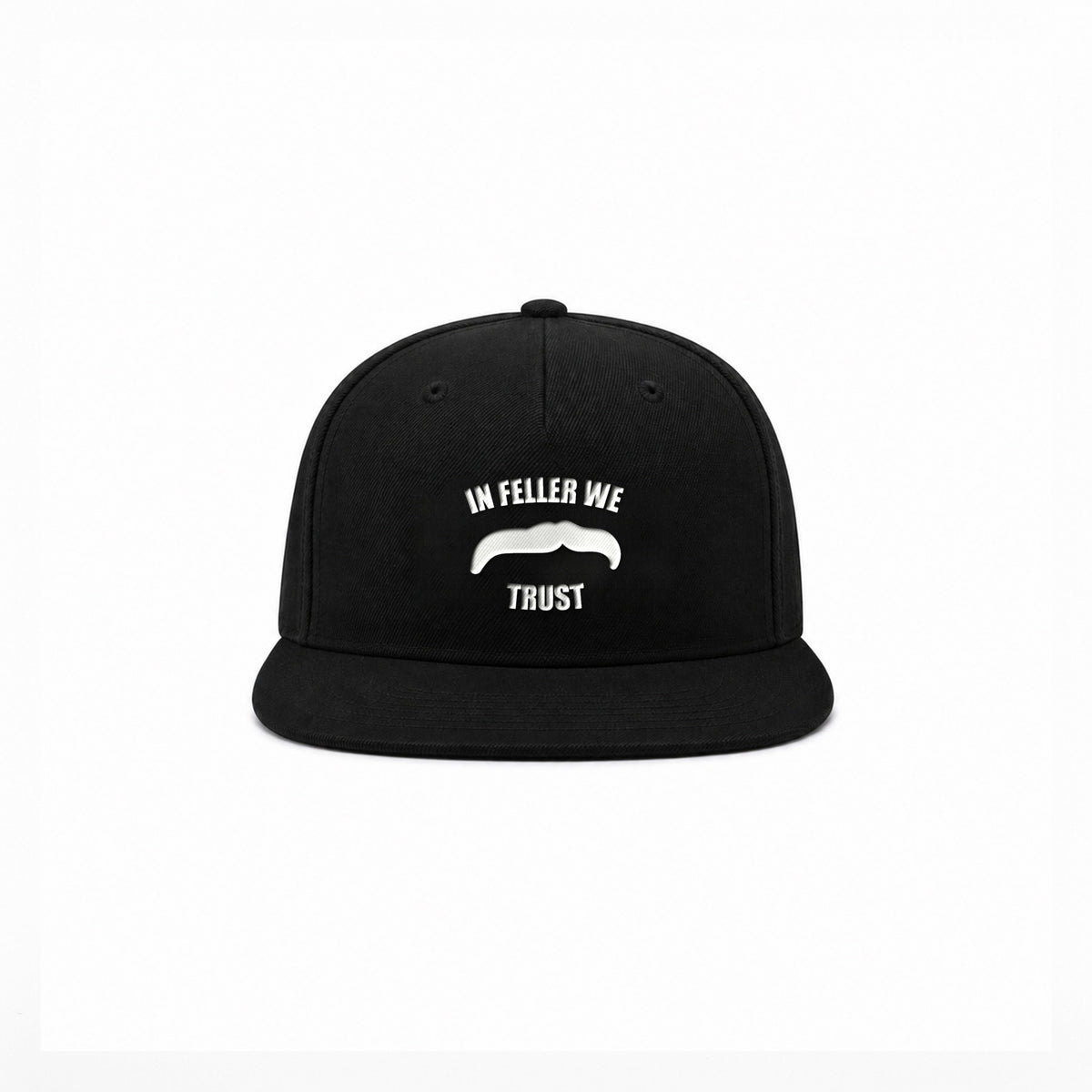 Manuel Feller In Feller We Trust Cap in Schwarz mit weißem „In Feller we trust“ Schnurrbart-Motiv – Vorderansicht
