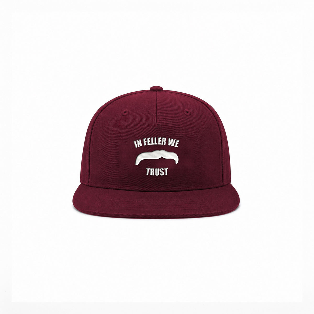 Manuel Feller In Feller We Trust Cap in burgundy with white "In Feller we trust" moustache motif – front view