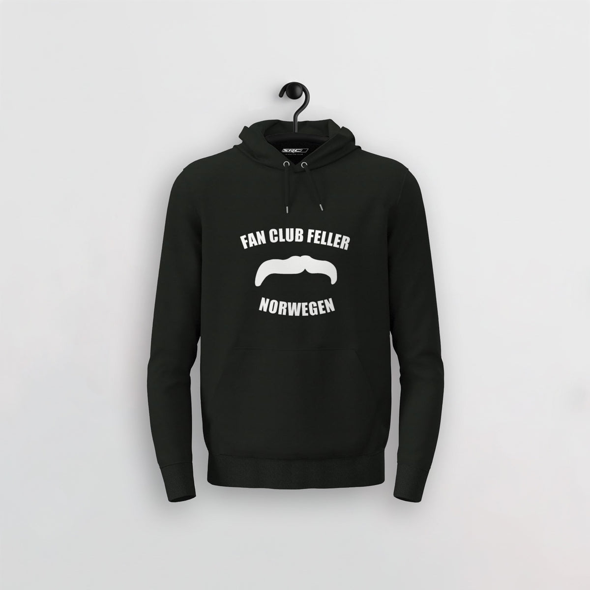 Manuel Feller Fan Club Norway Hoodie in Schwarz mit weißem Fan Club Feller Norwegen Schnurrbart-Logo – Vorderansicht