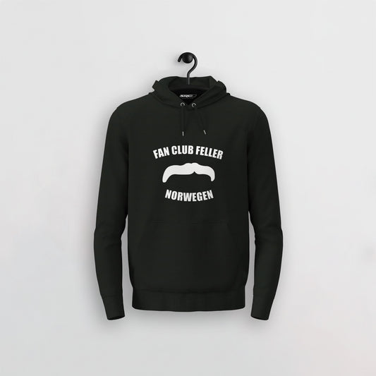 Manuel Feller Fan Club Norway Hoodie Black with white Fan Club Feller Norwegen moustache logo – front view