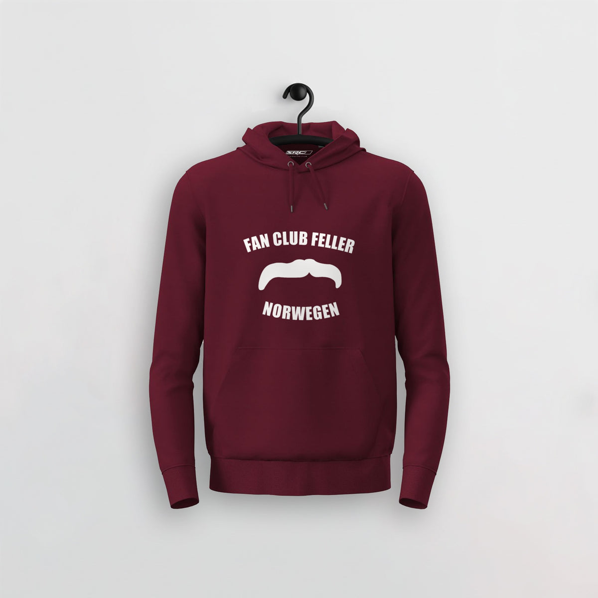 Manuel Feller Fan Club Norway Hoodie in Bordeaux mit weißem Fan Club Feller Norwegen Schnurrbart-Logo – Vorderansicht