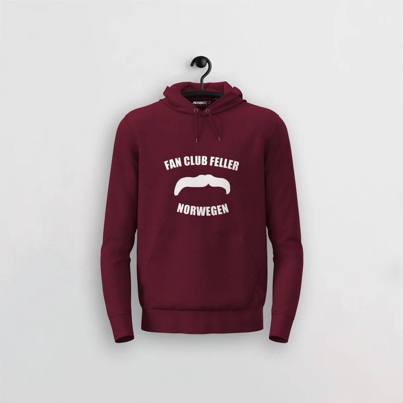 Manuel Feller Fan Club Norway Hoodie in Bordeaux mit weißem Fan Club Feller Norwegen Schnurrbart-Logo – Vorderansicht