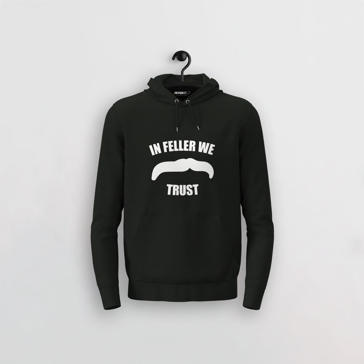 Manuel Feller In Feller We Trust Hoodie in Schwarz mit weißem „In Feller we trust“ Schnurrbart-Motiv – Vorderansicht