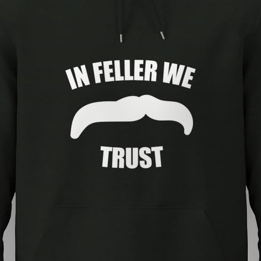 Manuel Feller In Feller We Trust Hoodie Black with white "In Feller we trust" moustache motif – close-up of the print