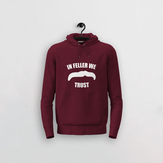 Manuel Feller In Feller We Trust Hoodie Burgundy with white "In Feller we trust" moustache motif – front view