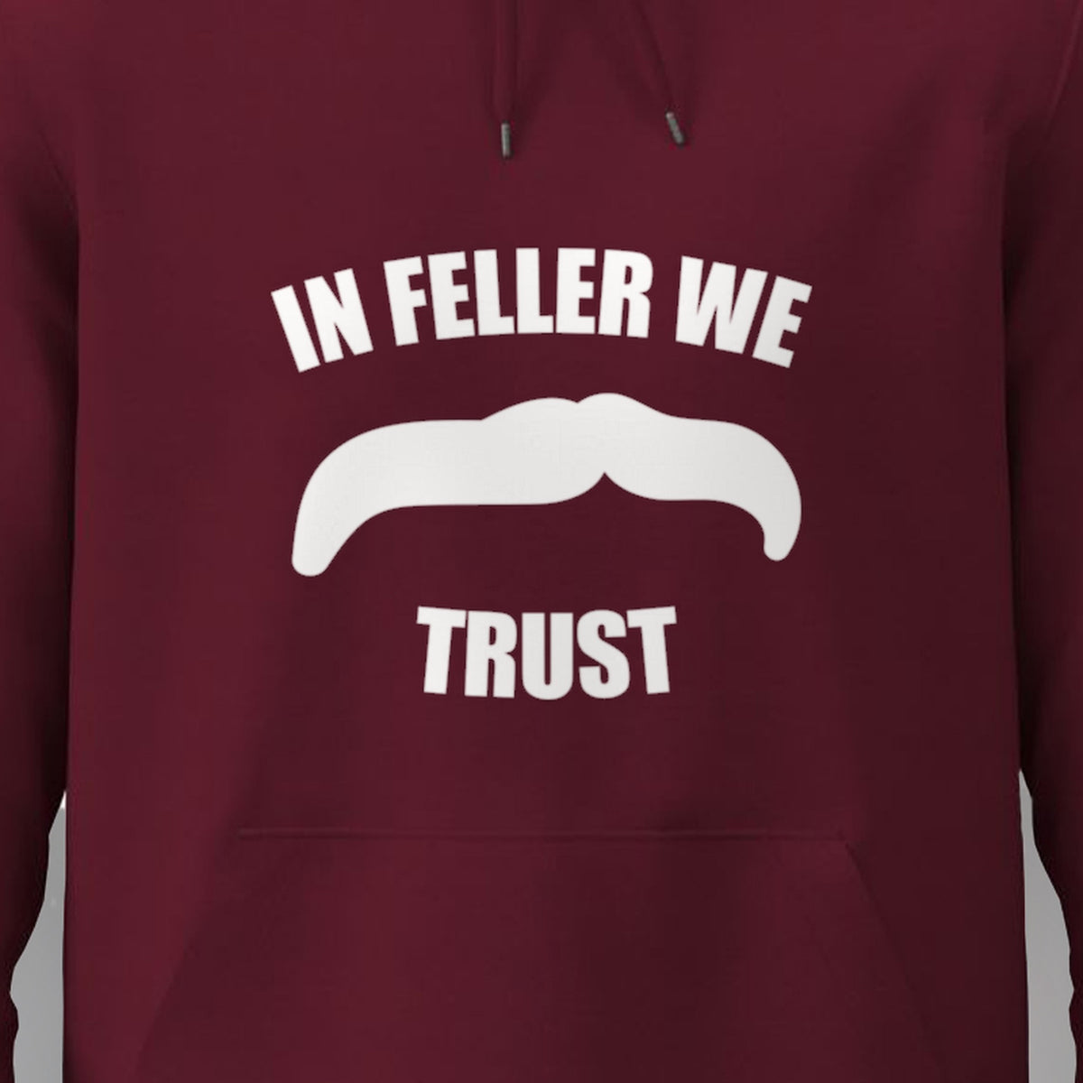 Manuel Feller In Feller We Trust Hoodie Burgundy with white "In Feller we trust" moustache motif – close-up of the print
