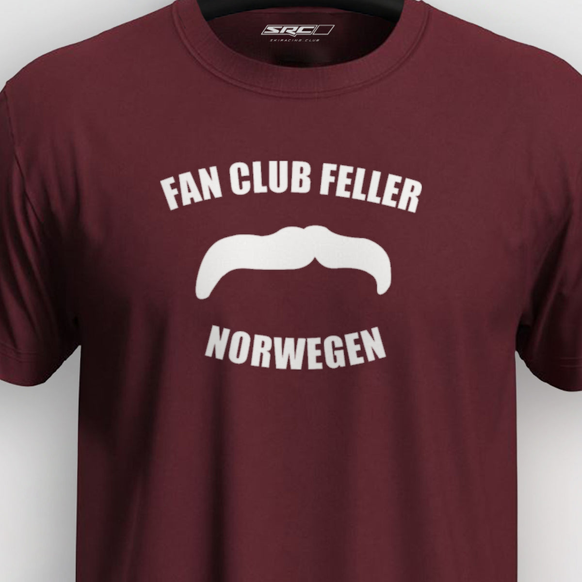 Manuel Feller Fan Club Norway T-Shirt Burgundy with white Fan Club Feller Norwegen moustache logo – close-up of the print