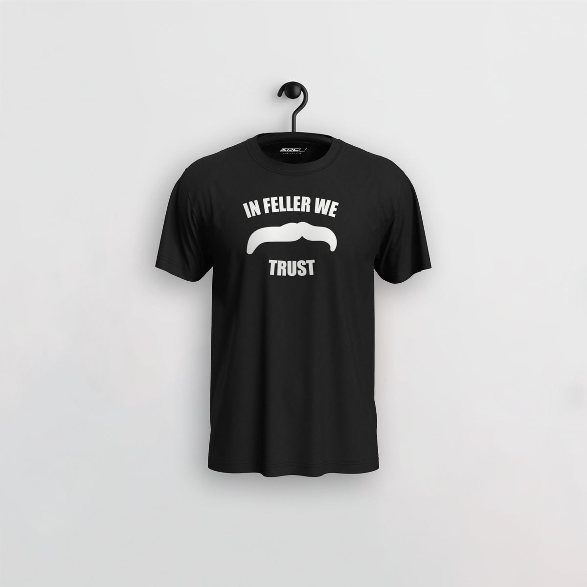 Manuel Feller In Feller We Trust T-Shirt Black with white "In Feller we trust" moustache motif – front view