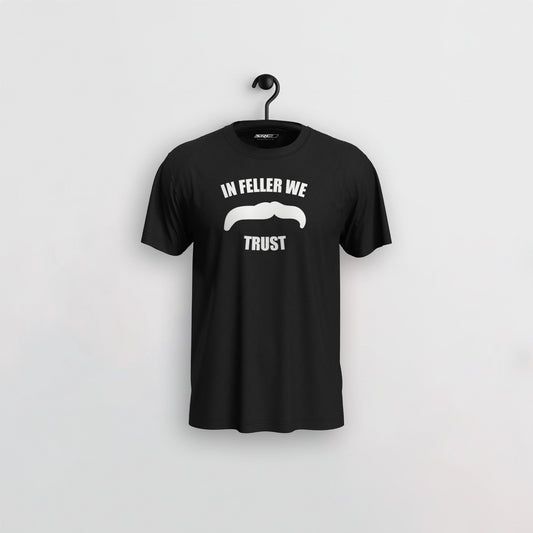 Manuel Feller In Feller We Trust T-Shirt Black with white "In Feller we trust" moustache motif – front view