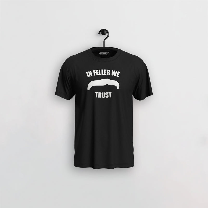 Manuel Feller In Feller We Trust T-Shirt Black with white "In Feller we trust" moustache motif – front view