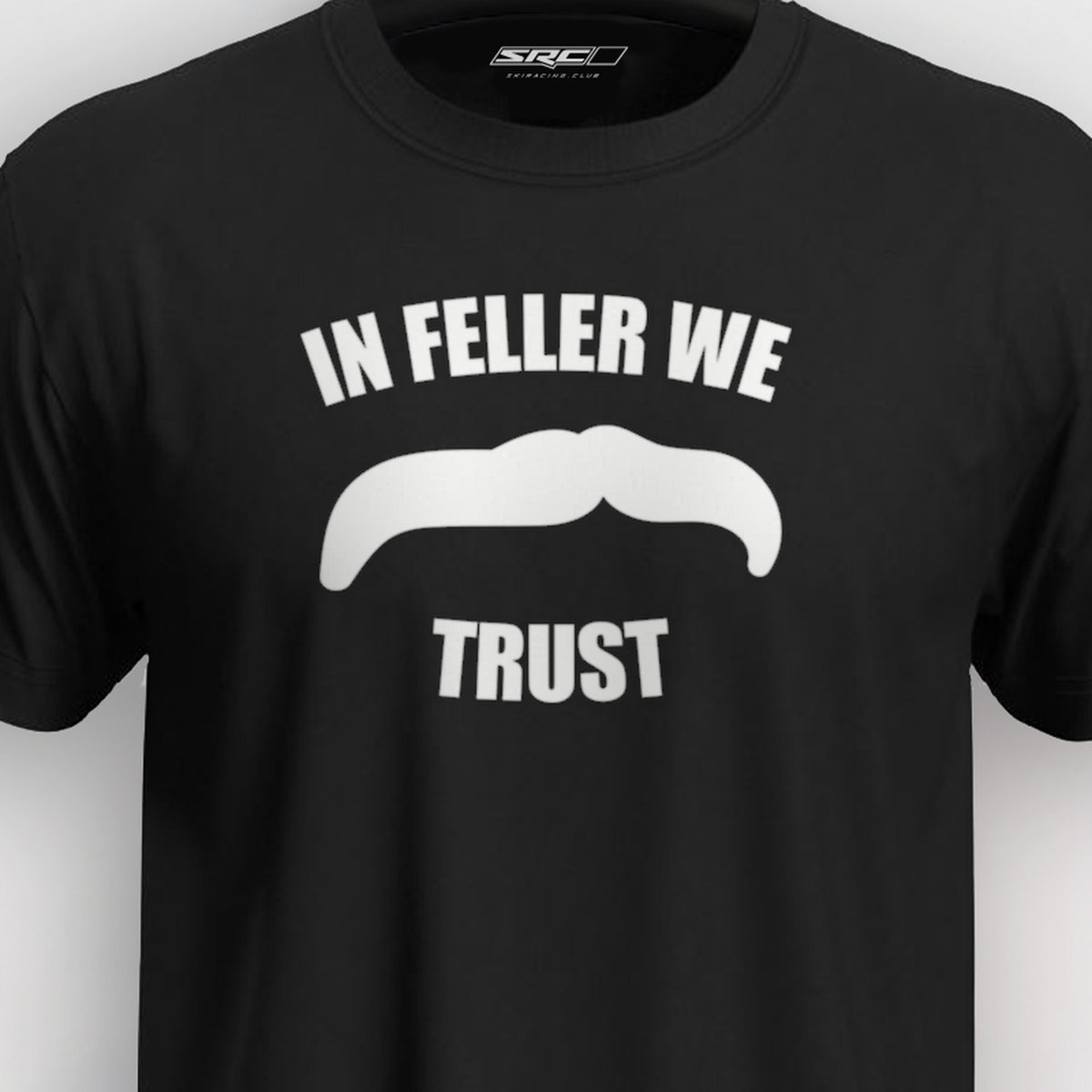 Manuel Feller In Feller We Trust T-Shirt Black with white "In Feller we trust" moustache motif – close-up of the print