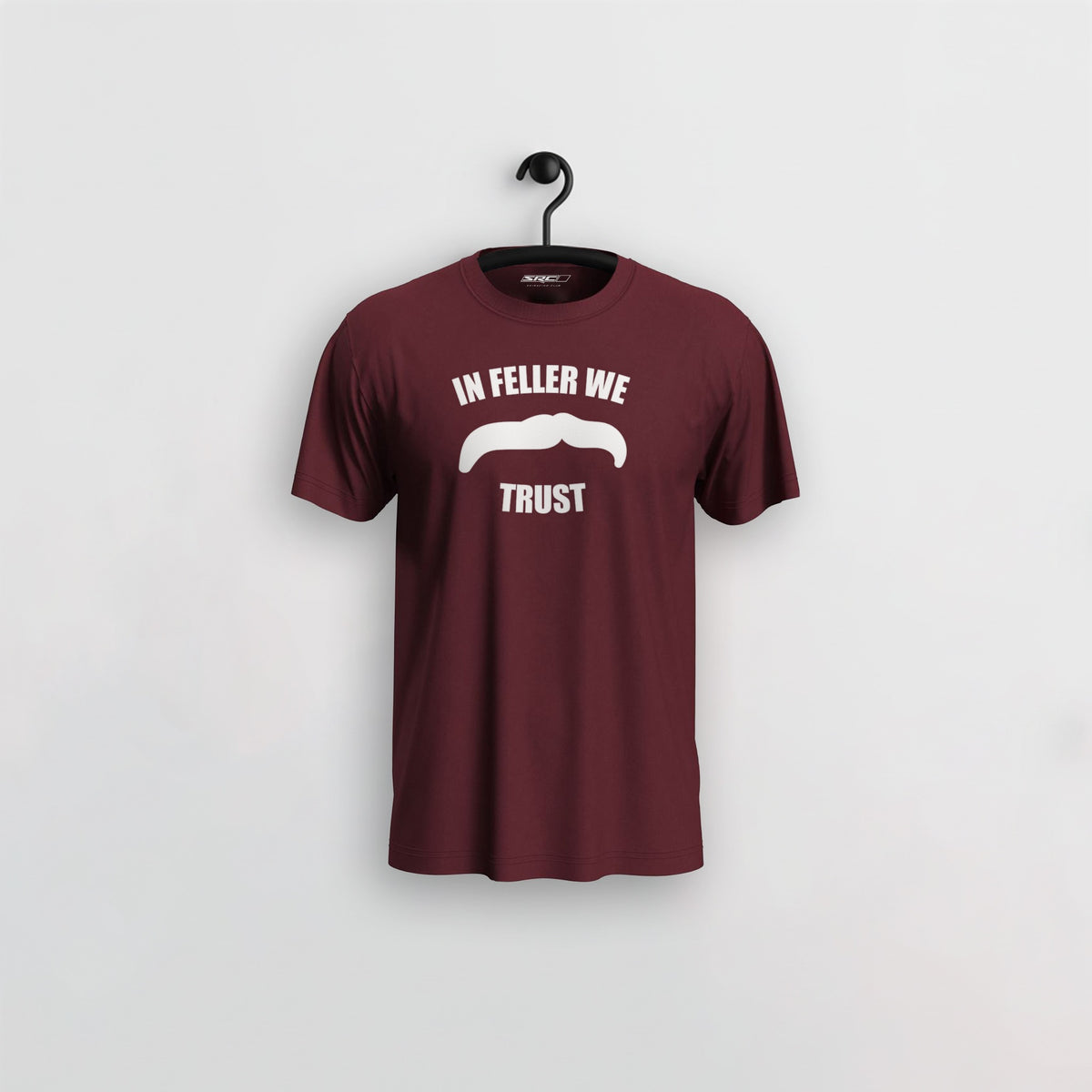Manuel Feller In Feller We Trust T-Shirt Burgundy with white "In Feller we trust" moustache motif – front view