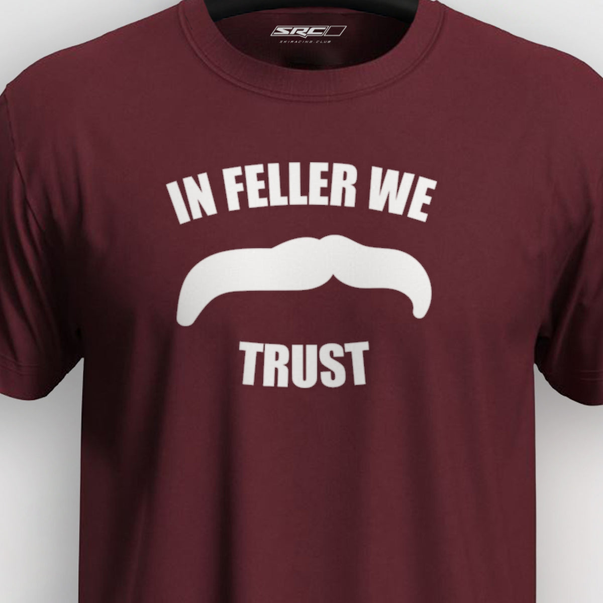 Manuel Feller In Feller We Trust T-Shirt Burgundy with white "In Feller we trust" moustache motif – close-up of the print