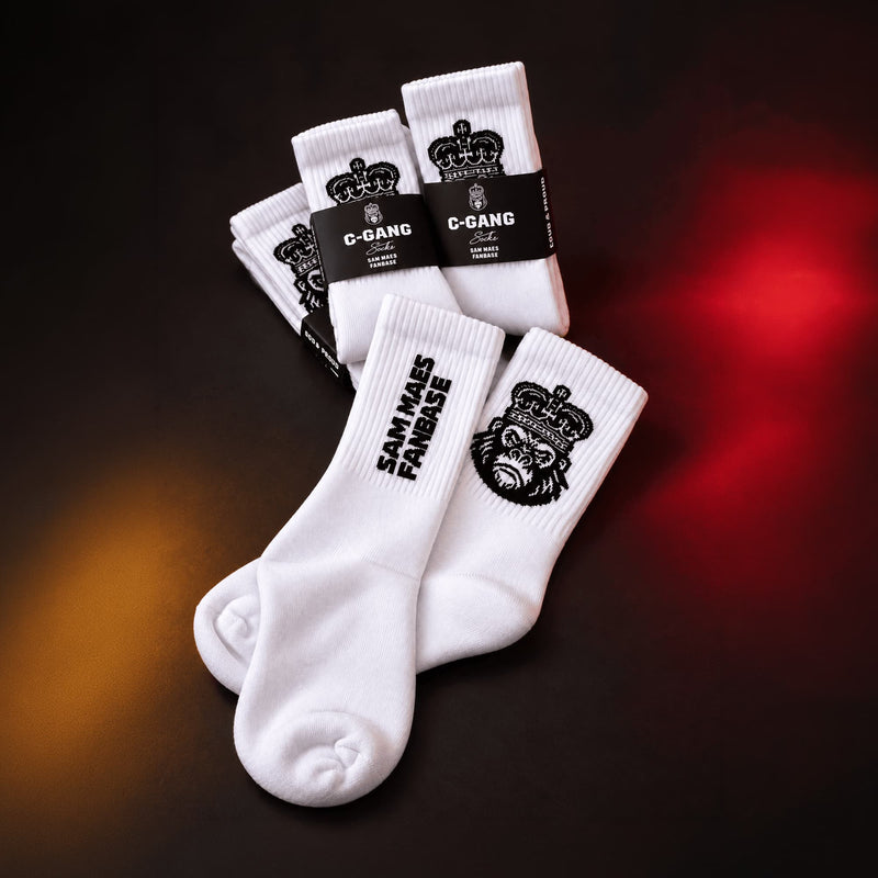 Sam Maes Fanbase Socks, white with black crown design, official skiracing.club merch