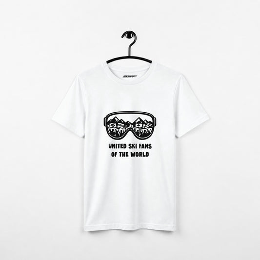 White United Ski Fans t-shirt on a hanger, front with black goggle print and lettering "United Ski Fans of the World"