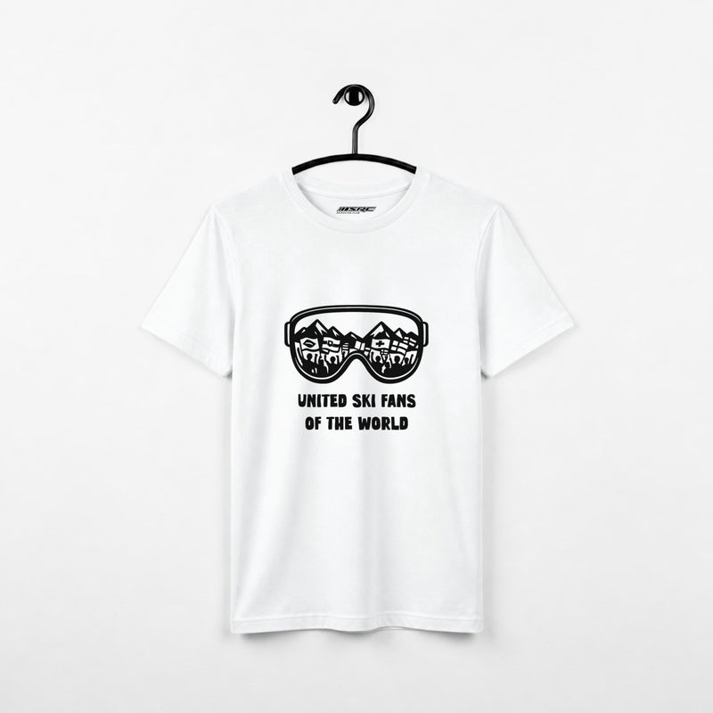 Weißes United Ski Fans T-Shirt am Bügel, Vorderseite mit schwarzem Goggle-Print und Schriftzug „United Ski Fans of the World“