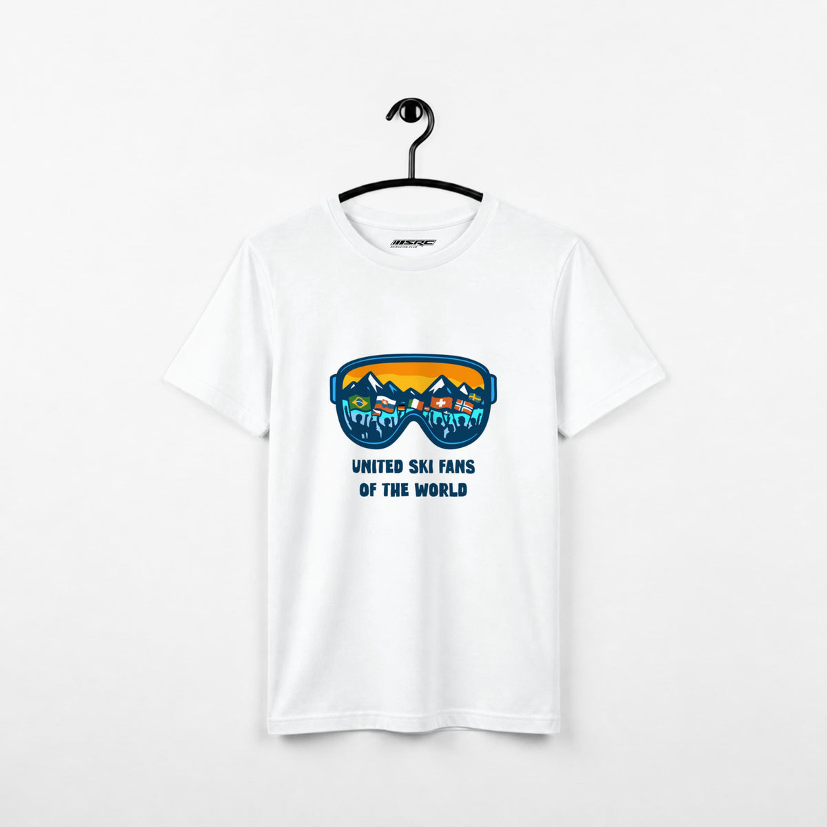 White United Ski Fans t-shirt on a hanger, front with full-colour goggle print showing mountains, flags and fans