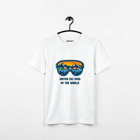 White United Ski Fans t-shirt on a hanger, front with full-colour goggle print showing mountains, flags and fans