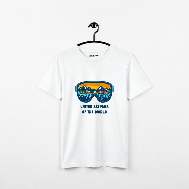 White United Ski Fans t-shirt on a hanger, front with full-colour goggle print showing mountains, flags and fans