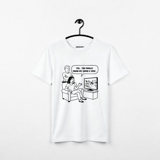 White United Ski Fans t-shirt on a hanger, front with black Super G Spot cartoon of a couple watching ski racing on TV