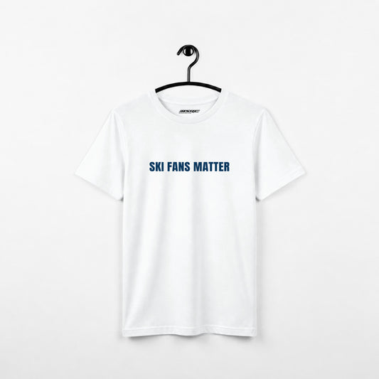 White United Ski Fans t-shirt on a hanger, front with navy lettering "Ski Fans Matter"