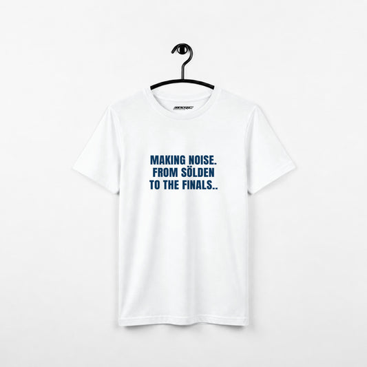 White United Ski Fans t-shirt on a hanger, front with navy lettering "Making noise. From Sölden to the finals.."